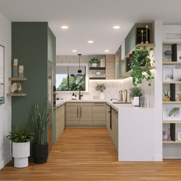 Modern Living Room And Kitchen With Purple and Mint Accents