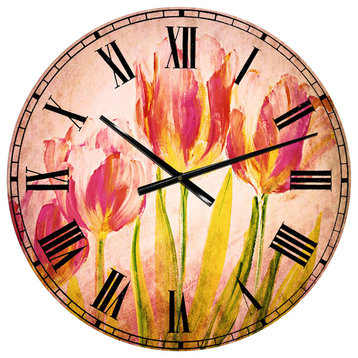 Red Tulips Floral Round Metal Wall Clock, 23x23