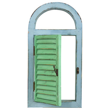 Vintage Window Shutter and Mirror Wall Decor, Green and Blue