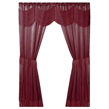 Satin 6-Piece Curtain Set with Valance Voile Panels and Tasseled Tie Backs