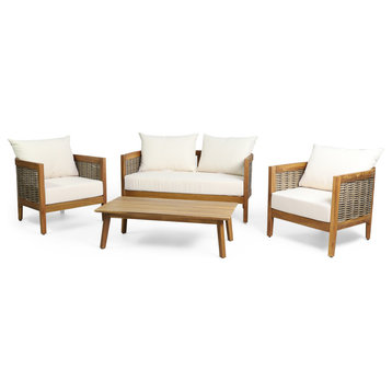 Alden Outdoor Acacia Wood 4-Seater Chat Set With Cushions