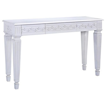 Console Greek Key Carved Solid Wood Venetian White Finish Fluted Legs