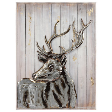 "Deer 2" Hand Painted Iron Wall Sculpture on Slatted Solid Wood Wall Art 40"x30"