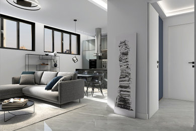 Foto de salón abierto minimalista de tamaño medio con suelo de baldosas de porcelana, televisor colgado en la pared, suelo gris y bandeja
