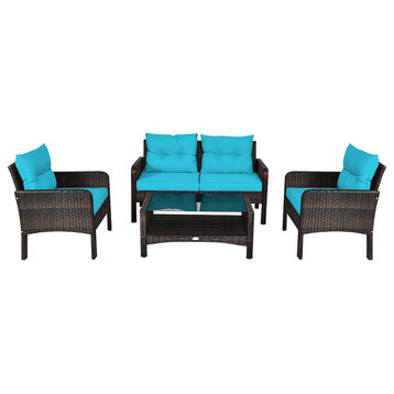Costway 4PCS Patio Rattan Furniture Set Loveseat Sofa Table Turquoise Cushion