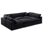 Meridian Furniture - Comfy Upholstered U-Shaped Modular Sectional, Black, 6-Piece: 3 Armless Chair, 2 Corner Chair, 1 Ottoman, Velvet - Give your space a whole new look with this black Comfy velvet sectional. This handsome sectional fits nicely with other items in the Comfy collection and is a versatile seating option designed for adaptability, comfort and style. Wrapped in rich black durable velvet upholstery, this sectional offers a plush embrace of overstuffed down feather cushions, carefully crafted to deliver the highest level of comfort. The perfect seat for creating an oasis for relaxation, this sectional has thick foam surrounding its frame for added support and coziness.
