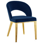 Meridian Furniture - Roberto Velvet Upholstered Dining Chair, Navy, Gold - Seat dinner guests in elegant style with the Roberto navy velvet dining chair from Meridian Furniture. This fabulous chair features a rounded back with strategically placed opening for visual beauty and to allow air flow while you dine. The rich navy upholstery is chic and modern, and it has a soft feel against the skin. This chair rests on iron legs for superb support, and each leg is finished in gold for a modish slant that meshes well with your up-to-the-minute dining room decor.