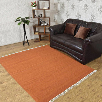 Hand Woven Flat Weave Kilim Wool Area Rug Solid Dark Orange, [Square] 6'x6'