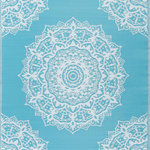 Tayse - Anvi Traditional Medallion Aqua/White Rectangle Indoor/Outdoor Area Rug, 5'x7' - Sweet lace medallions adorn this indoor outdoor endurance area rug that is suitable for any room. Built to achieve and treated with UV resistance to stay vibrant. Perfect for a family room, sunroom, porch, deck, den, living room, playroom, nursery. May be cleaned outside with mild detergent and garden hose, allow to dry thoroughly. Spot clean with mild detergent and water when necessary.