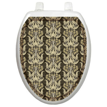 Bell Flowers in Brown Toilet Tattoos Seat Cover, Decorative Vinyl Lid Decal, Elongated