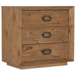 Hooker Furniture - Hooker Furniture Big Sky Veneers and Solid Wood Three Drawer Nightstand in Brown - The natural beauty and near mystical experience of the American wilderness inspires a spirited collection from Hooker Furniture, a celebration of dramatic vistas and the freedom to roam, a land of rough-hewn timber and towering snow-capped peaks, boundless plains, and cool, clear mountain lakes. Hooker brings home a dream of wide-open spaces and a life lived in tandem with iconic landscapes with furnishings that evoke the weight, heft and heritage of post and beam construction, the mark and artistry of true craftspeople, and substantive, thoughtful designs right for today. Watch for warm, rustic, hickory veneer, and rich finishes like charred timber, dusk, and avalanche, organic textures like burlap and top grain leather, forged hardware, and classic moldings for the traditionalist. Those with a more modern bent will gravitate toward the clean lines of waterfall edges, crosshatch surfaces and planking details that speak to authenticity and the hand of the maker. Welcome to the peaceful, easy feeling of Big Sky. It’s time to simply breathe.