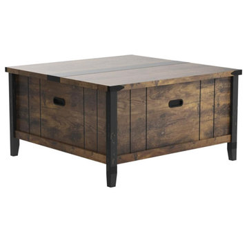 Farmhouse Coffee Table, Square Design With Large Hidden Storage, Rustic Brown