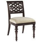Tommy Bahama Home - Molokai Side Chair - Asian button knot inspired pierced carvings on the back. The upholstered seat is Golden Bamboo, a textured woven in golden ivory. Additional fabrics may be applied, see store for details.