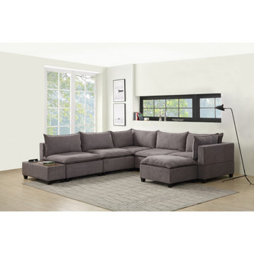 Madison Light Gray 7 Piece Modular Sectional Chaise, USB Storage Console Table