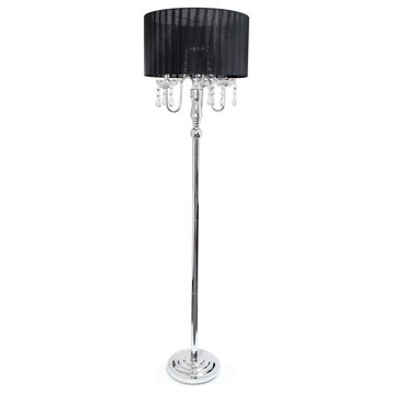 Elegant Designs Trendy Romantic Sheer Shade Floor Lamp, Hanging Crystals, Black