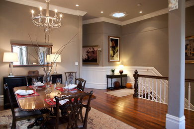 This is an example of a mid-sized traditional dining room in San Francisco with dark hardwood floors, beige walls and brown floor.