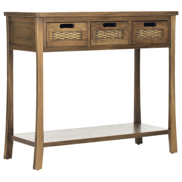 Rustic Console Table, 3 Drawers With Wicker Front & Cut Out Pulls, Oak