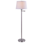 Kenroy Home - Riverside Swing Arm Floor Lamp, Brushed Steel - This transitional floor lamp features a reeded candlestick base which brought up to date with a contemporary crisp white drum shade and an adjustable swing arm. With a wide range of motion thanks to its swing arm construction, this floor lamp provides easy and accessible illumination options, simply position the swing arm where you need it, when you need it and tuck it away when your task is complete. With a slim profile perfect for tucking behind furniture, this floor lamp is perfect for minimalist living rooms or small space apartments thanks to its function-forward design and stylish classic looks.