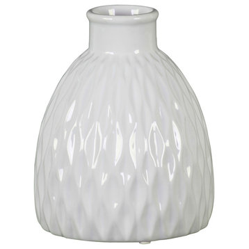 Bellied Round Vase, Embossed Diamond Design Body and Rope Banded Neck, White