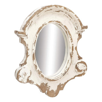 Antique Style Large Oval Distressed White Wood Wall Mirror with Scrollwork