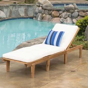 GDF Studio Paolo Outdoor Teak Brown Wood Chaise Lounge With Cushion
