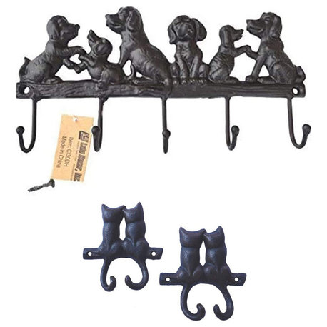 Cast Iron 5 Dog Key Hooks and 2 Twin Cat Dual Hooks