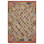 Bareens Designer Rugs - Tribal Turkish Kilim Alla Hand-Woven Wool Rug - 5'8'' x 7'6'' - Elevate the elegance of your home with this stunning hand-woven tribal Kilim wool rug. Meticulously crafted on a loom by the Nomad Turkman people using hand-spun wool and 100% natural vegetable dyes, these rugs are recognized for their repetitive geometric patterns, incorporating naturalistic floral and traditional designs. The contemporary fashion palette results in bold, sharp patterns that are incredibly versatile, as the pattern is the same on both sides. These reversible rugs feature a lighter shade on one side and brighter colors on the other, providing versatility according to preference. These unique rugs are made by knotting short strands of different colors onto the warps and securing them by tightly pressing the wefts. The designs are created by interweaving the various colored wefts and warps. Kilims are known for their exceptional durability and versatility, making them truly unique rugs.  Product Details    Rug Size: 5'8'' x 7'6''  Material: 100% Wool  Style: Kilim, Flat Weave, Dhurrie, Turkish, Southwestern, Rustic, Tribal  Colors: Beige, Rust  Weave Type: Hand-Woven, Handmade  Pile Height: Less than 0.25 inch