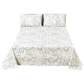 Tache Modern Leaf Foliage Abstract Floral White Grey Black Top Flat Sheet, Twin