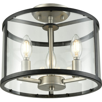 Downtown 3-Light Semi-Flush Mount, Buffed Nickel and Graphite With Clear Glass
