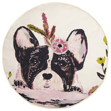 Floral Frenchie Print Embroidered Pillow