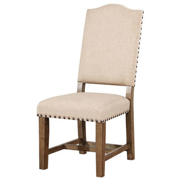 Fabric Upholstered Solid Wood Side Chair, Pack Of Two, Beige And Brown
