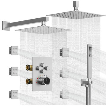 Dual Heads Shower System 12" Rain Shower Head with 4 Way Thermostatic Faucet, Brushed Nickel, Wall/ Ceiling Mounted
