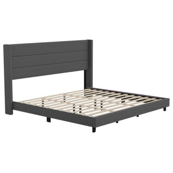 Hollis Upholstered Platform Bed with Wingback Headboard w/Mattress Foundation, Charcoal, King