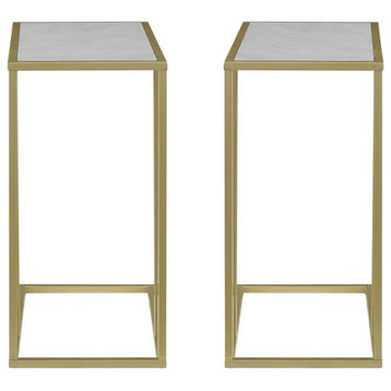 Modern C-Shaped End Table with Metal Base in Faux White Marble/Gold (Set of 2)