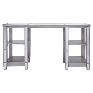 Beattie Mirrored Desk, Glam Style, Brushed Matte Silver With Mirror
