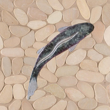 Tan sliced pebble, rock, and stone shower floors with Cutthroat trout fish tiles