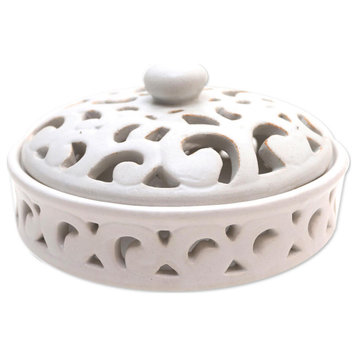 Novica Handmade Jatiluwih White Ceramic Mosquito Coil Holder