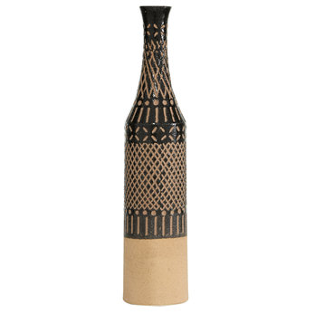 Tall Tan and Black Cylinder Decorative Vase With Geometric Polynesian Design