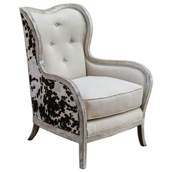 Contemporary Cow Hide Print Arm Chair with White Linen Upholstery Velvet