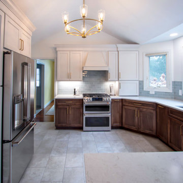 Two Tone Kitchen with Wood & Irish Creme Painted Cabinets w/ Quartz Countertop