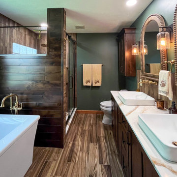 Custom Rustic Bathroom with Knotty Alder Vanity and Cambria Quartz