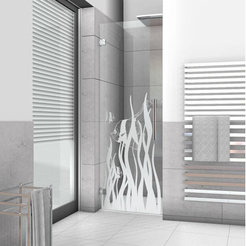 Hinged Alcove Shower Door With Fish Design, Non-Private, 28"x70" Inches, Left