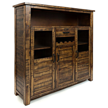 Tall Sideboard, Acacia Wood Construction With Wine Rack & Glass Doors, Brown
