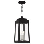 Livex Lighting - Transitional Outdoor Pendant Lantern, Black - This updated industrial design comes in a tapering solid brass black frame with a sleek, straight-lined look. Clear glass panels offer a full view of the brushed nickel accents, that will house the bulb of your choice.