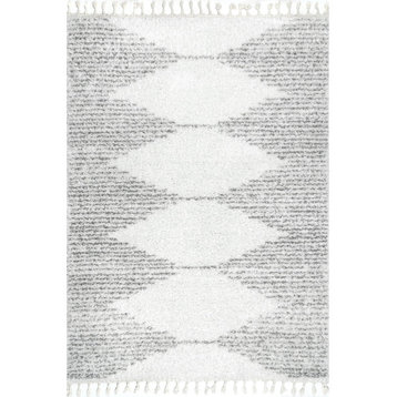 Modern Area Rug, Unique Design With Moroccan Accent & Tassels, White/8' X 11'
