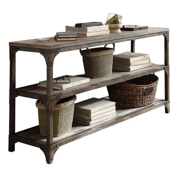 ACME Gorden Console Table in Weathered Oak and Antique Silver