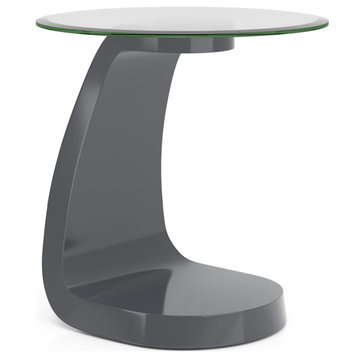 Contemporary End Table, C-Shaped High Gloss Base With Tempered Glass Top