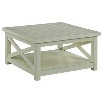 Square Coffee Table, X-Shaped Sides With Bottom Shelf & Plank Top, Off White
