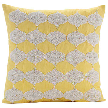 Beaded Lattice Trellis Yellow Art Silk 26"x26" Euro Pillow, Sunsight