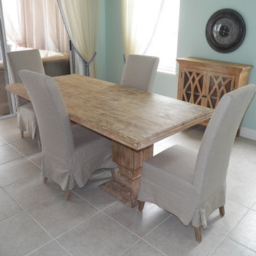 DOUBLE PEDESTAL DINING TABLE WITH SLIP COVER DINING CHAIRS, SMALL SIDEBOARD